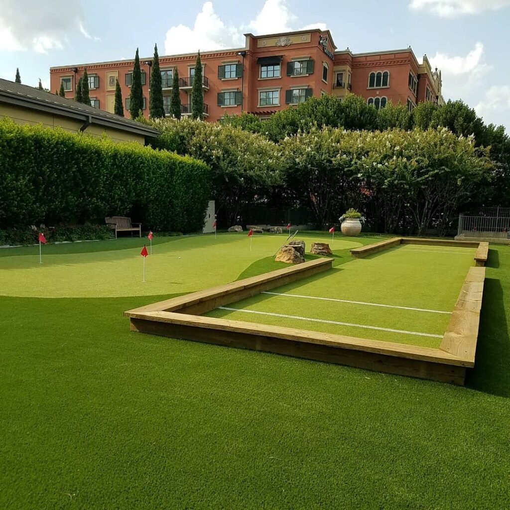 backyard bocce court and putting green with artificial grass